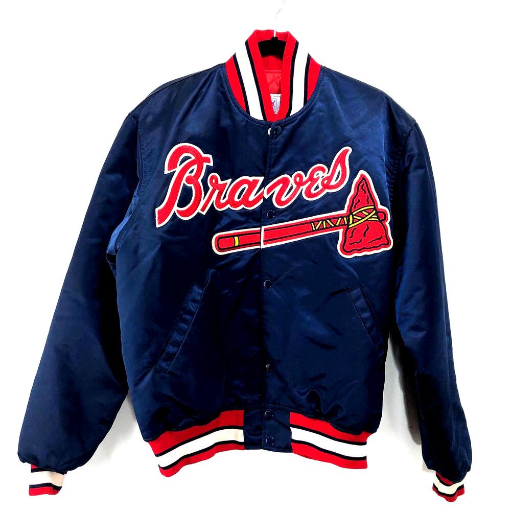 Atlanta Braves 90's Starter Jacket Diamond Collection Satin Navy Blue Size L USA